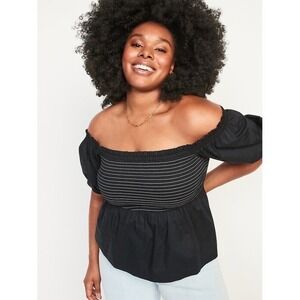 NWT Old Navy Off The Shoulder Smocked Babydoll Swing Puff Sleeve Top Black 2X